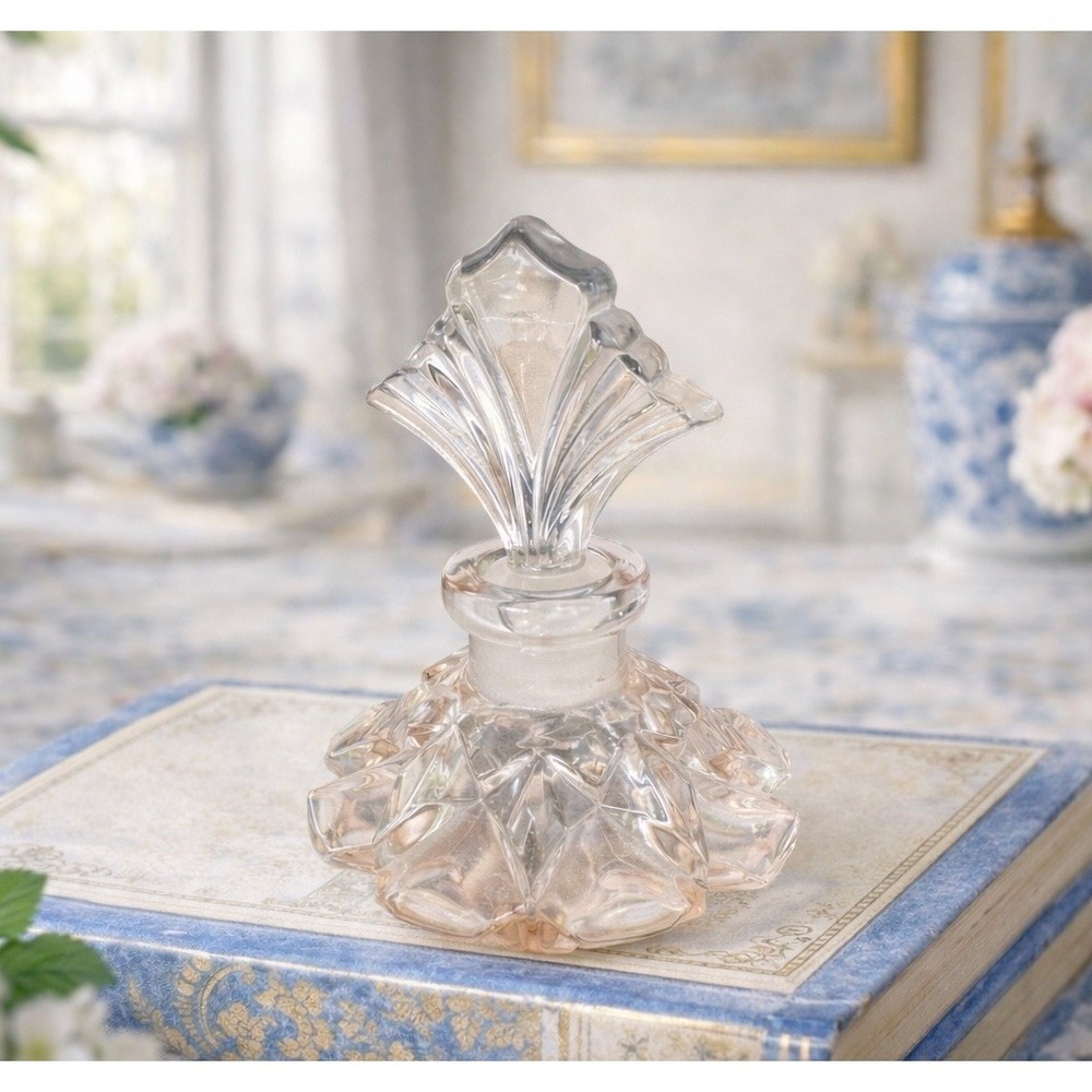 Vintage Pink Glass Perfume Bottle Art Deco Fan Stopper Vanity Collectible 1930s